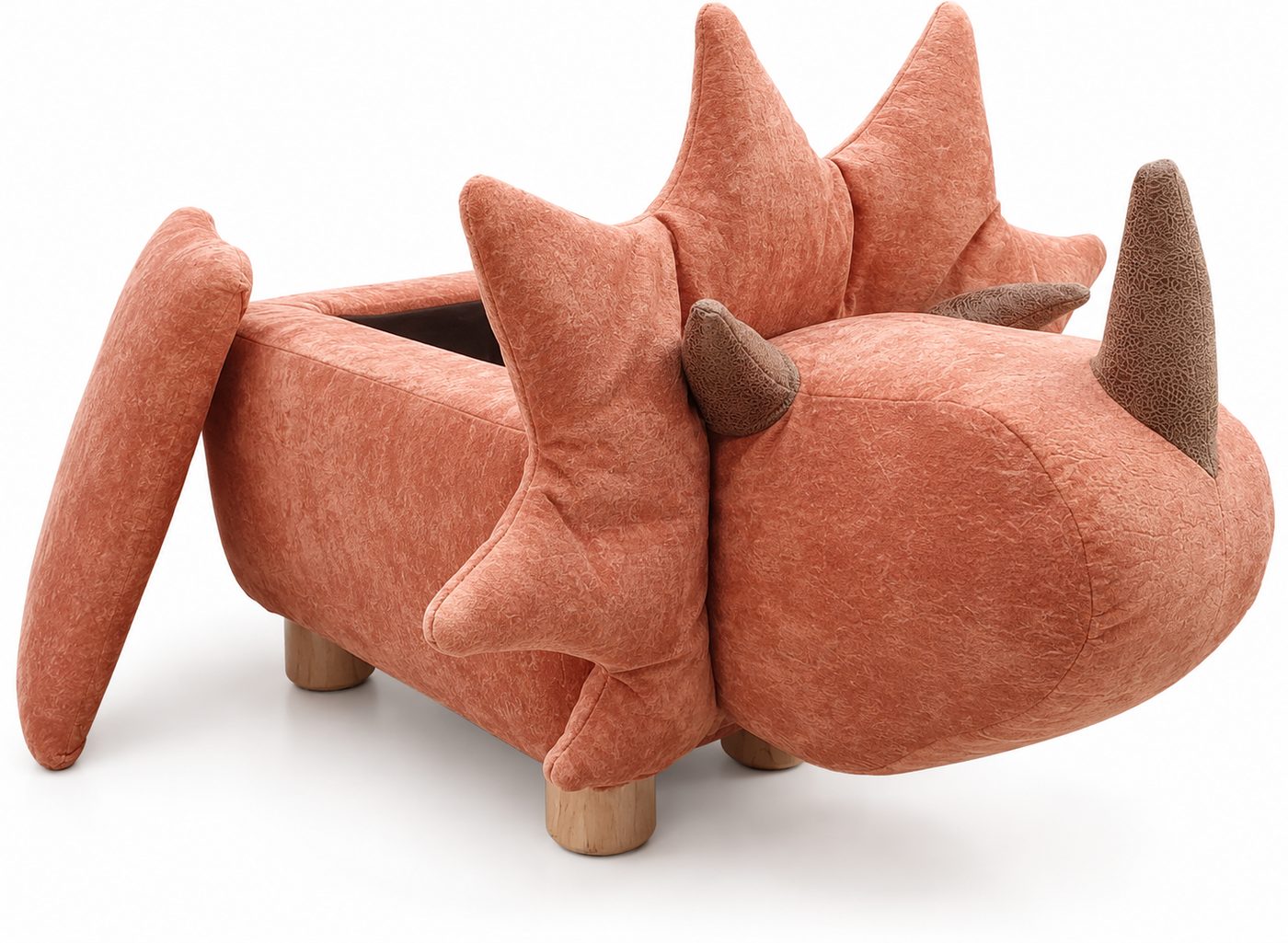 Banco Dinosaurio tapizado en tono terracota, con la tapa abierta