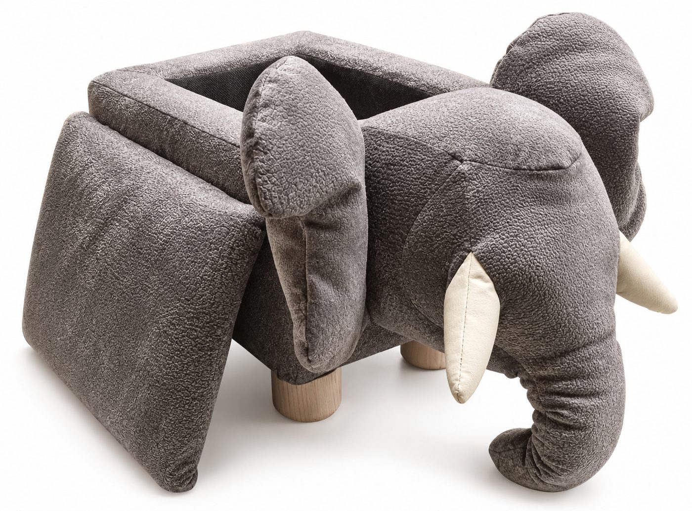 Banco Elefante tapizado en gris, con la tapa abierta para guardar