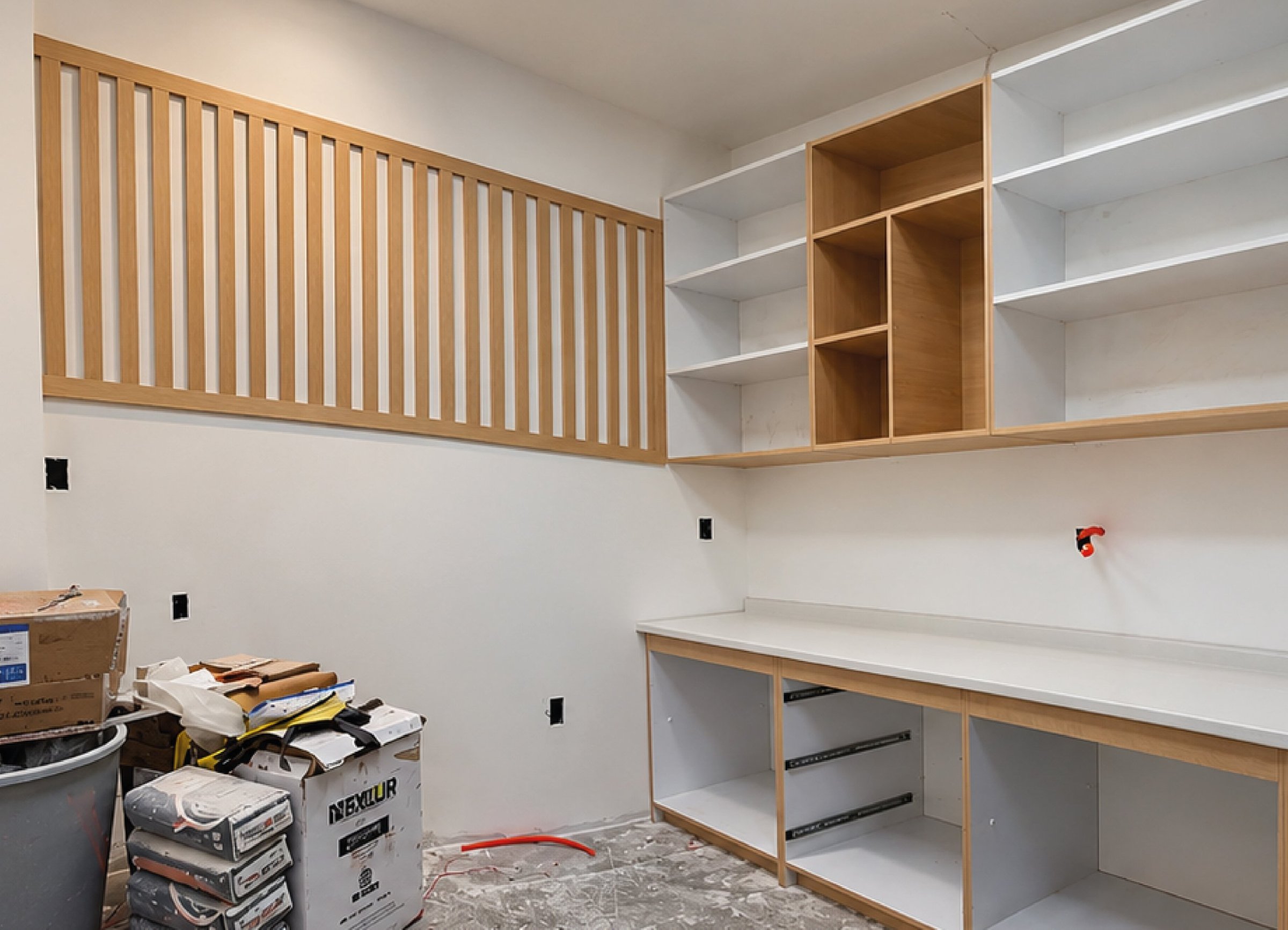 Cocineta en obra: muebles sin puertas, panel de listones instalado y material de construcción en el piso