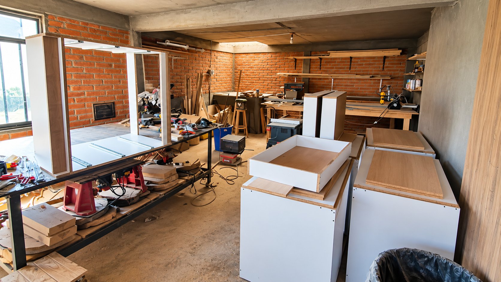 Módulos de gabinete blancos con cubierta de madera en el taller, junto a mesas de trabajo y herramientas