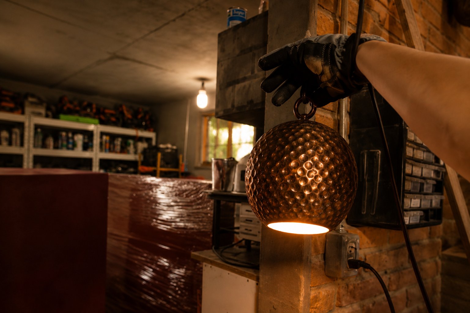 Lámpara de cobre martillado probada en el taller