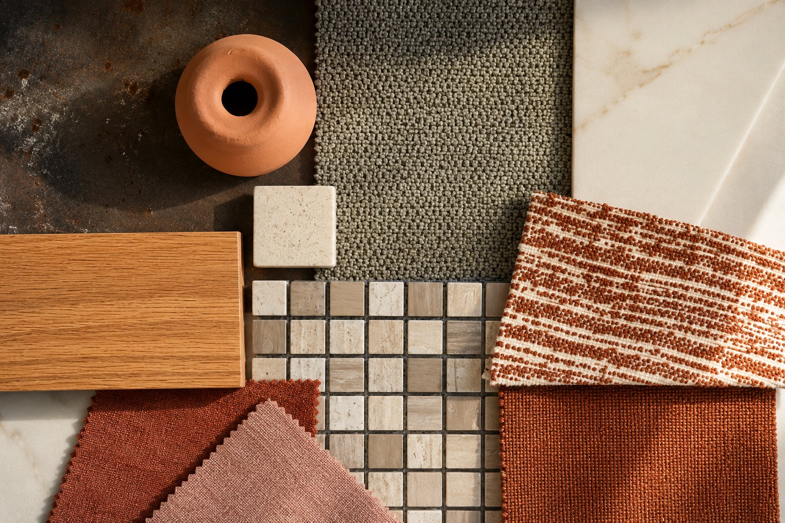 Muestras de materiales: madera, mosaico de piedra, mármol, cerámica y textiles en verde y terracota