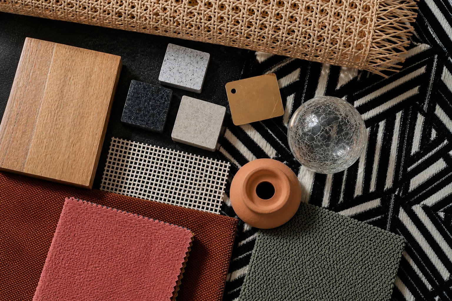 Muestras de materiales: rejilla de ratán, madera, superficies sólidas, metal dorado, vidrio y textiles