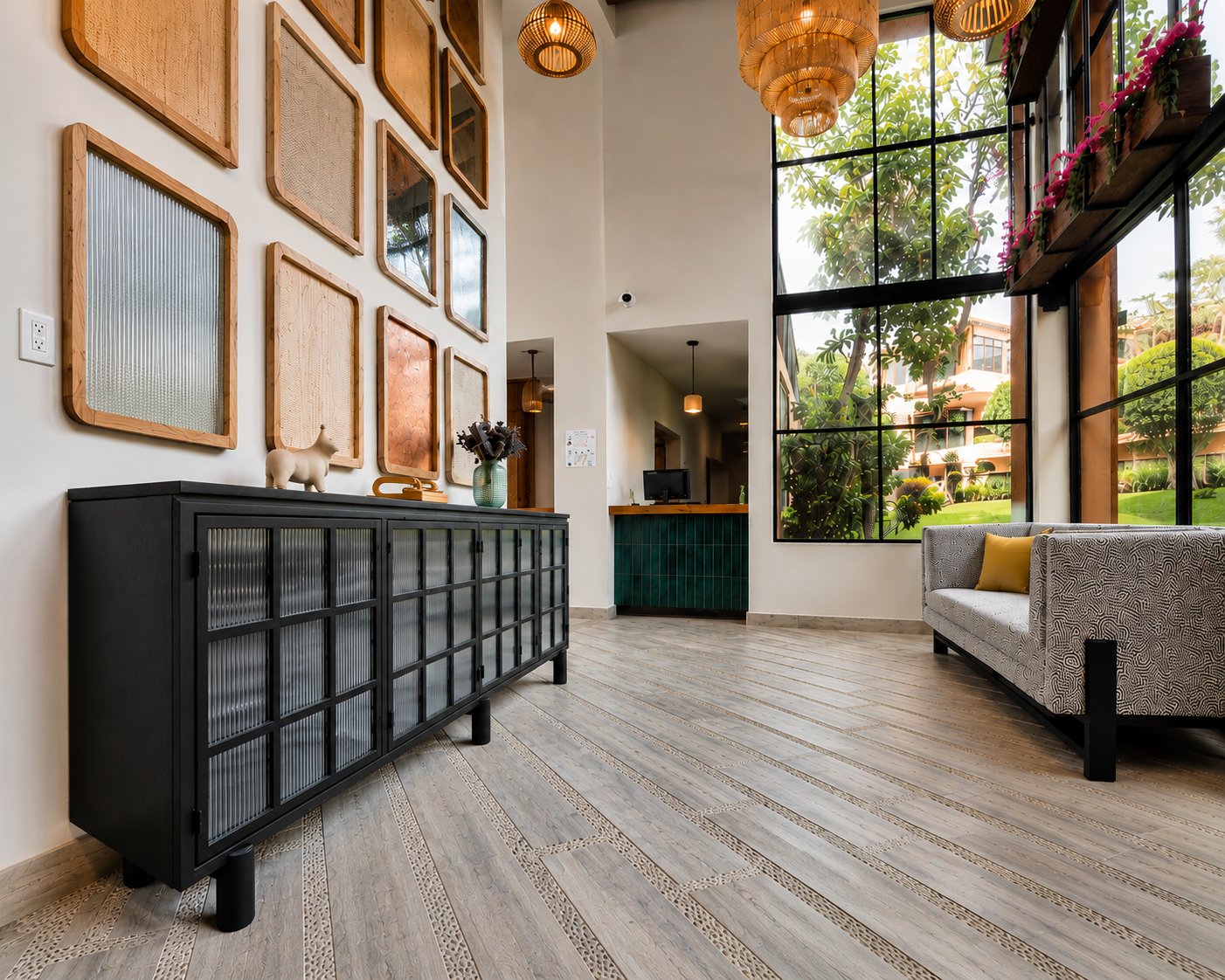 Hotel Tequis: vestíbulo a doble altura con credenza negra de vidrio acanalado, muro de marcos de madera y ventanal hacia el jardín