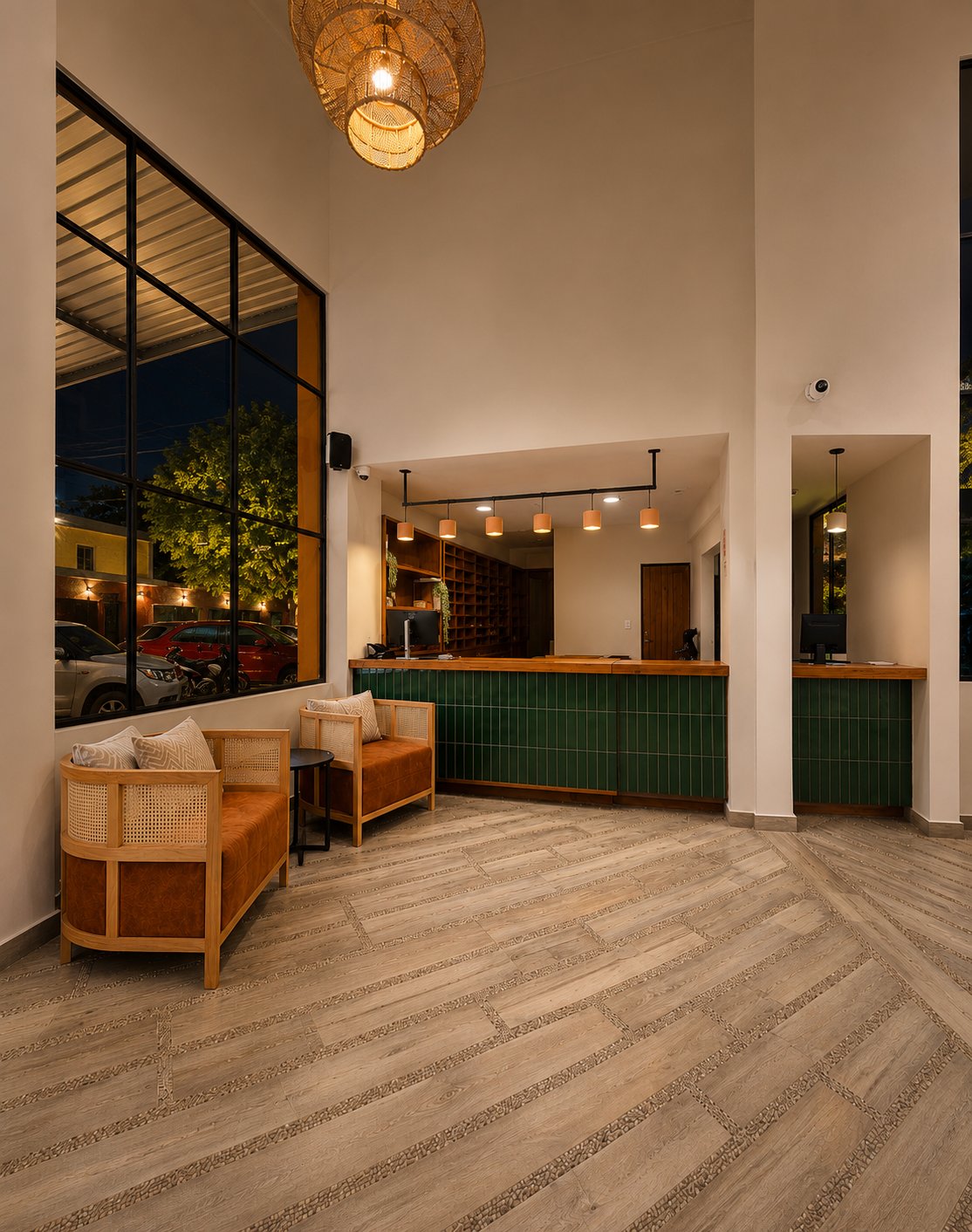 Vestíbulo de noche: sillones junto al ventanal, lámpara de fibra natural y la recepción de azulejo verde