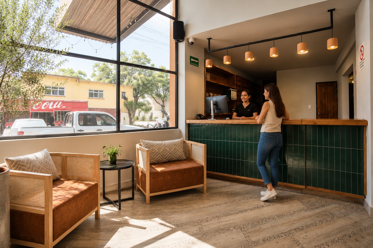 Recepción con barra de azulejo verde, cubierta de madera y lámparas colgantes; a un lado, sillones de madera con rejilla de ratán