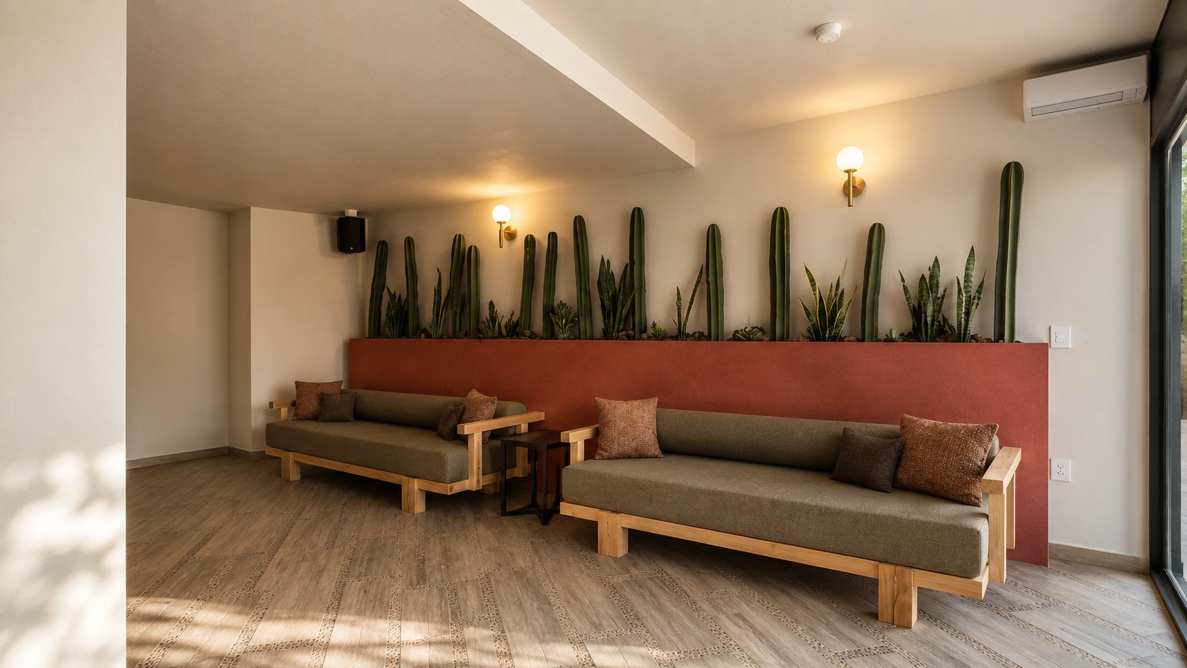 Sala de espera con dos sillones de madera tapizados en verde y jardinera de cactus sobre un muro terracota