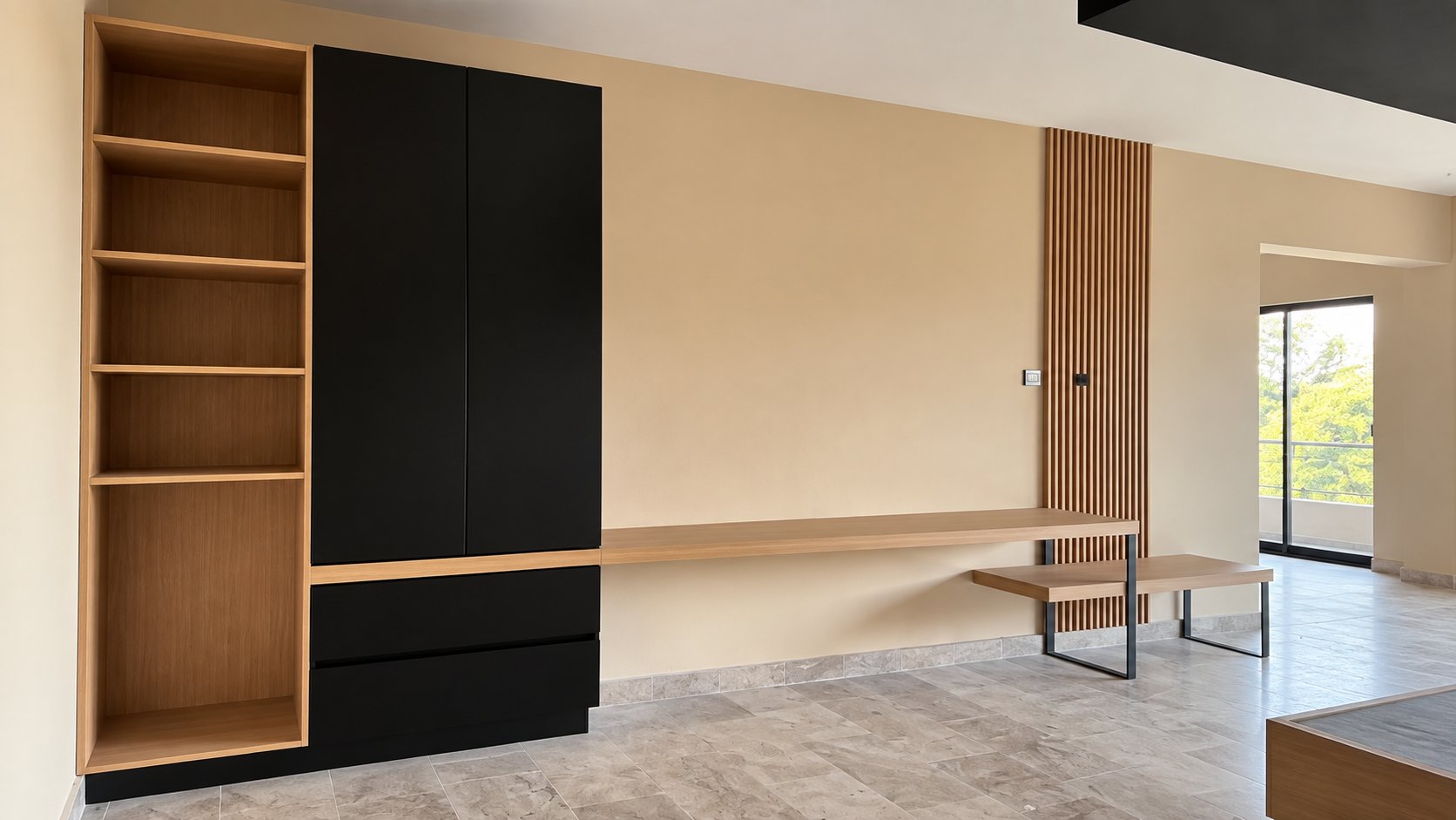 Clóset negro con librero de madera, escritorio corrido con base de herrería y banca junto a un panel de listones