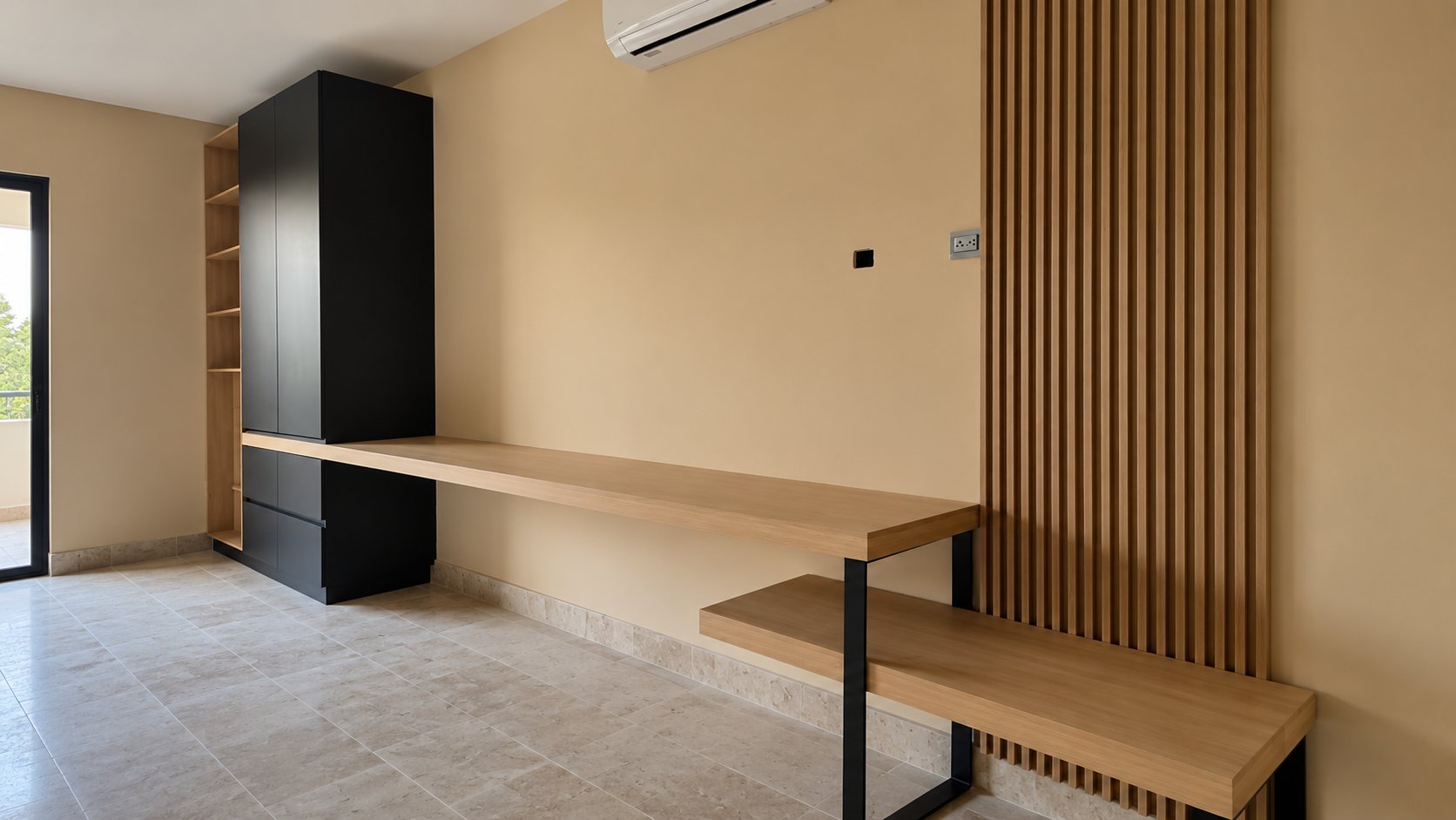 Escritorio corrido de madera con patas de herrería negra, banca baja y panel de listones