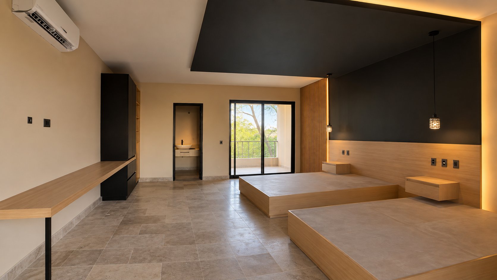 Habitación doble con dos camas de plataforma, cabecera de madera, escritorio corrido y clóset negro