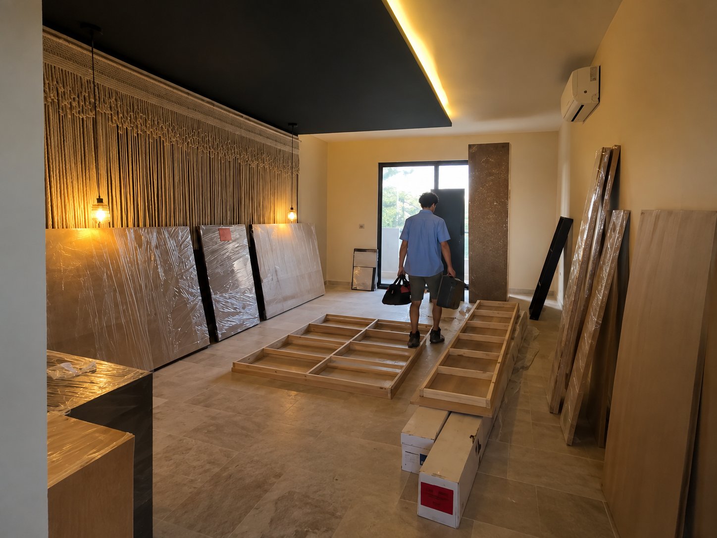 Inicio de la instalación: piezas emplayadas y bastidores de madera en el piso de la habitación