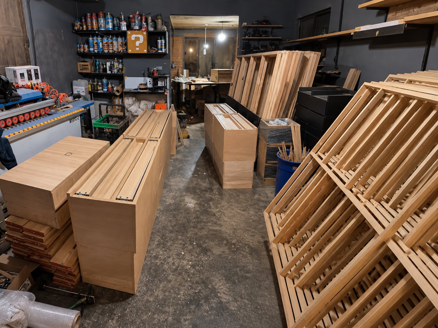Cabeceras, burós y marcos de madera listos en el taller antes de la entrega