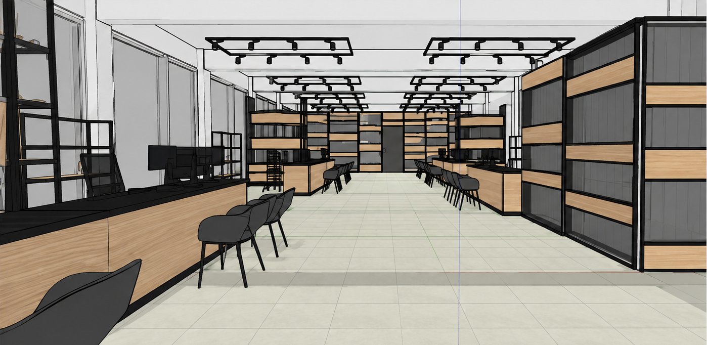 Modelo 3D del área de trabajo, con escritorios de madera, sillas negras y libreros de herrería con madera