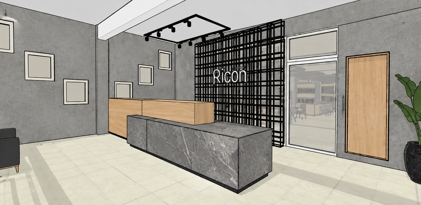 Modelo 3D de la recepción: mostrador de madera y mármol gris frente a una celosía negra con el logotipo de Ricon