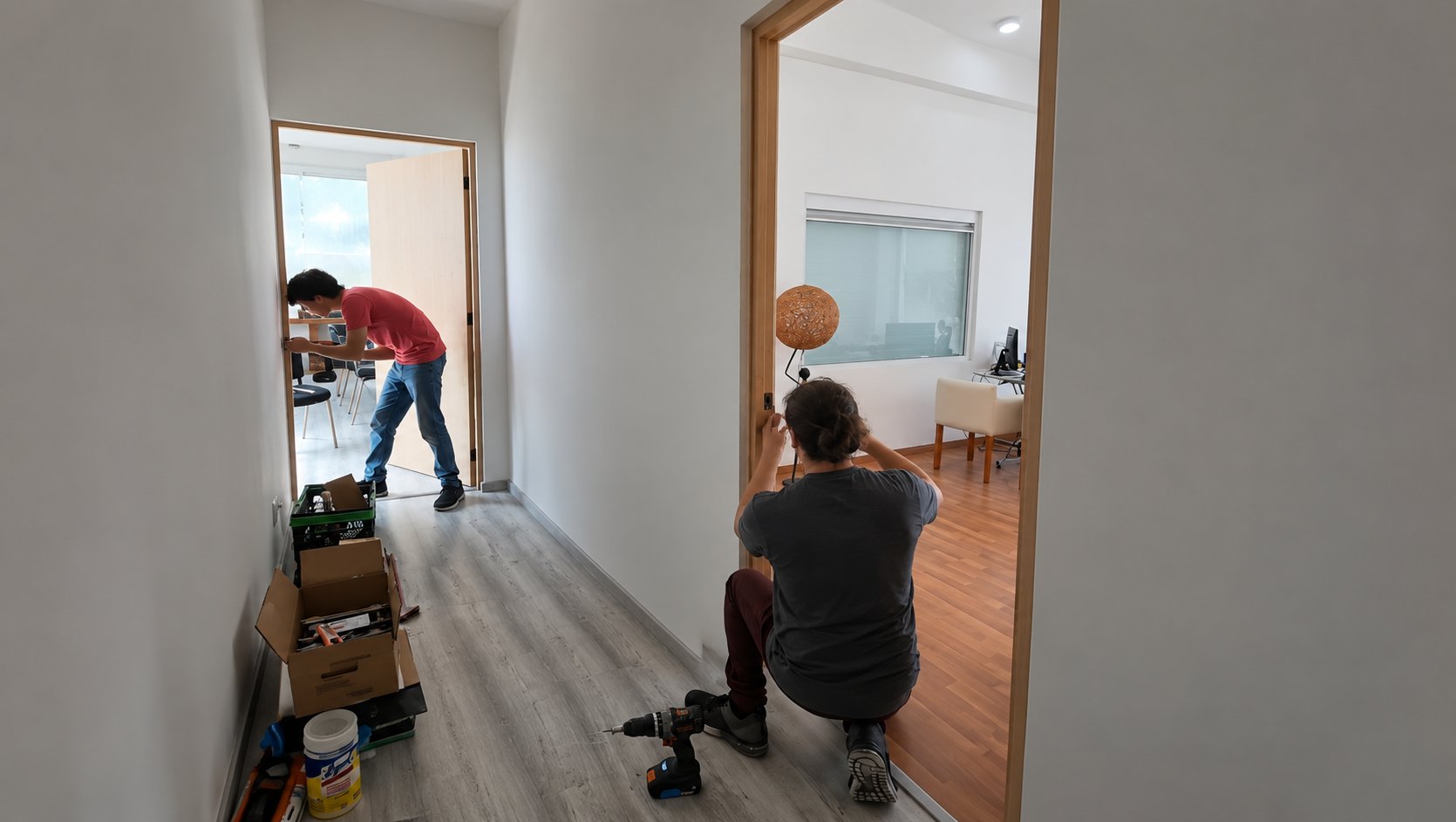 Dos instaladores colocan puertas de madera en un pasillo con piso laminado gris