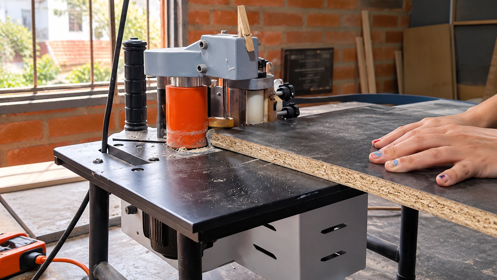 Enchapado del canto de un tablero con cubierta negra en la máquina enchapadora del taller