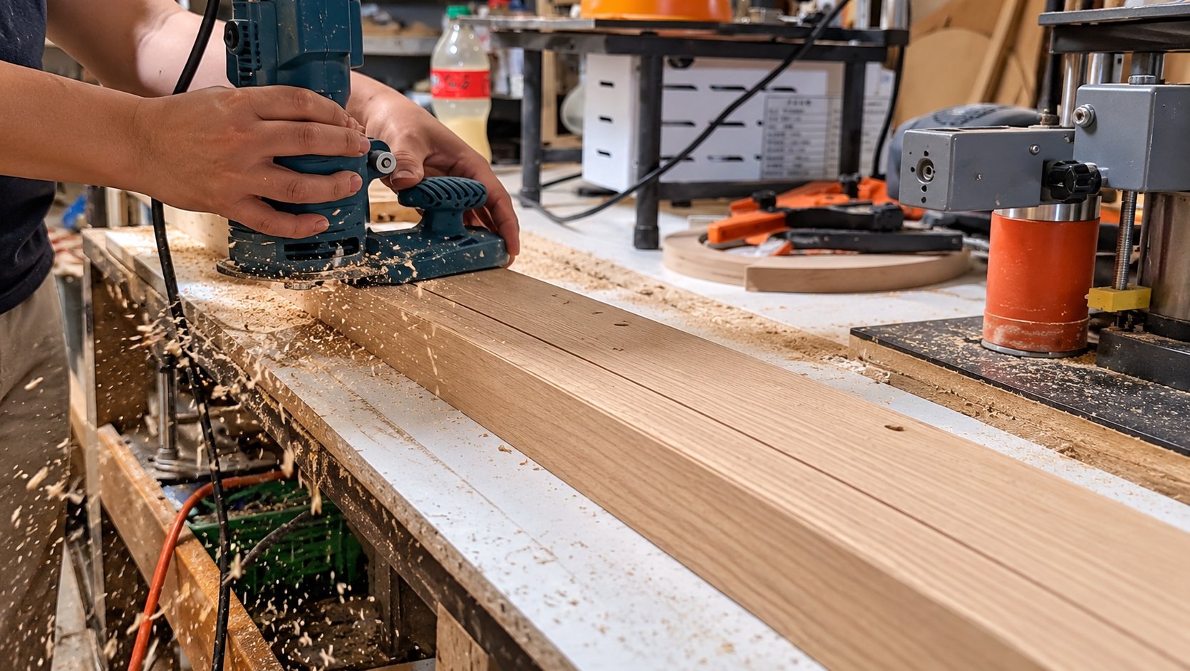 Lijado de una pieza de madera clara sobre la mesa de trabajo del taller