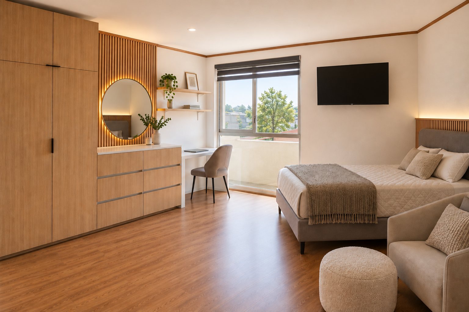 Suite Moraleja: recámara con clóset y tocador de madera