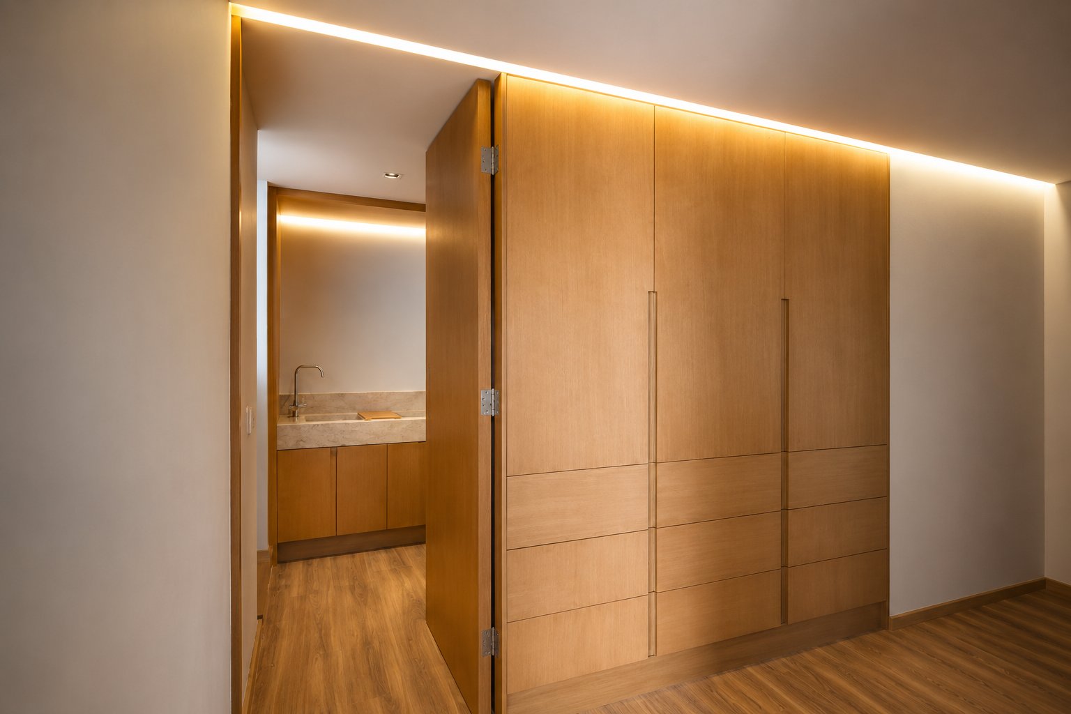 Clóset de madera con cajones y una puerta abierta que deja ver el lavabo al fondo
