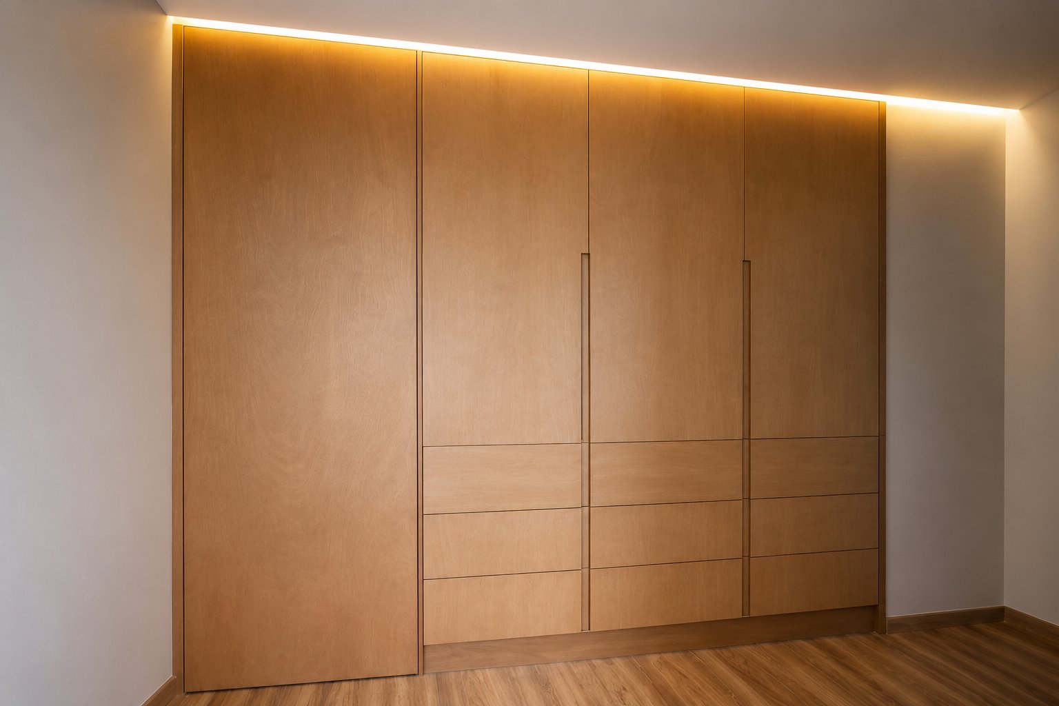Clóset de piso a techo con puertas y cajones de madera, jaladeras embutidas y luz indirecta en la parte superior