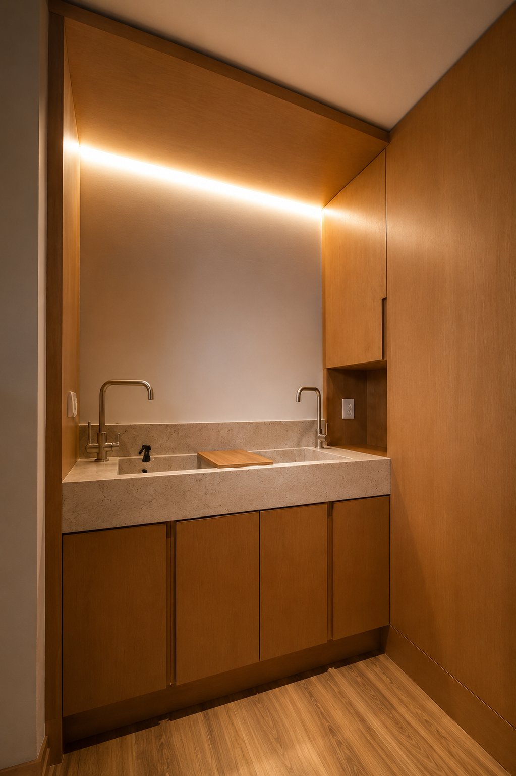 Lavabo con cubierta de piedra clara y dos llaves, gabinetes de madera debajo y nicho con luz indirecta