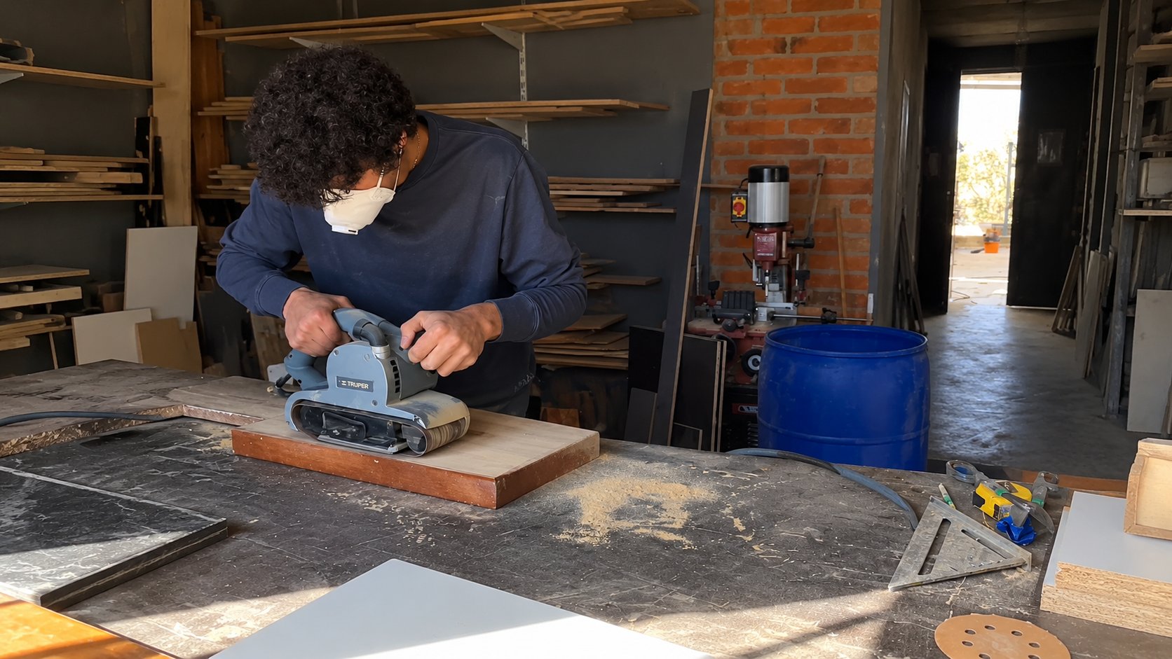 Carpintero lijando una pieza de madera con lijadora de banda