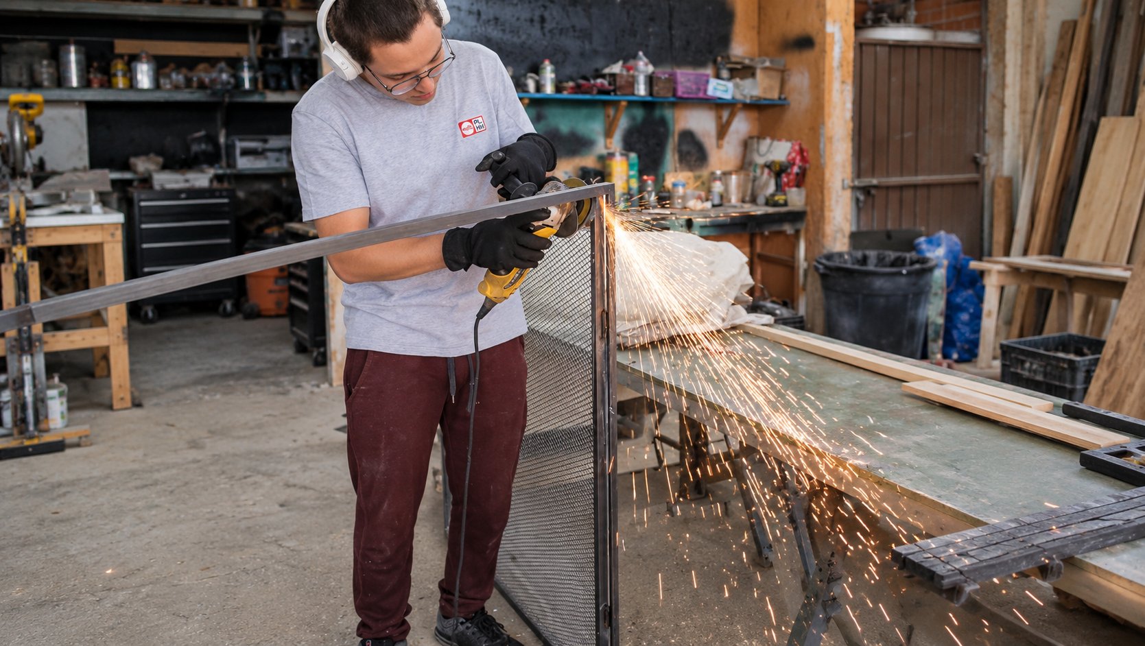 Herrero cortando un bastidor metálico con esmeriladora en el taller